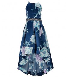 Xtraordinary Navy/Lilac Floral Printed Jewelled Waist High Low Ball Gown